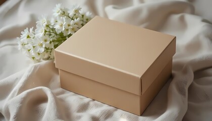 Minimalist Beige Gift Box with White Flowers on a Silk Draping. Elegant Product Mockup for Cosmetics, Jewelry, or Luxury Packaging Design. Perfect for Holidays, Anniversaries, or Wedding Gifts.