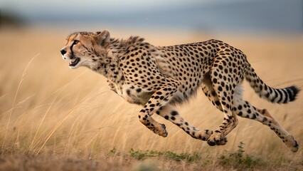 Fototapeta premium Cheetah predator runs at full speed across dry golden savanna grasses during a daytime wildlife hunt.