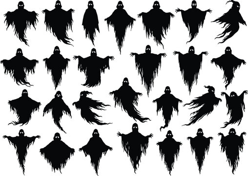 Halloween ghost silhouettes, spooky spirit icons, haunted horror shapes, scary phantom clipart, creepy ghoul figures, supernatural monster design, eerie illustration set