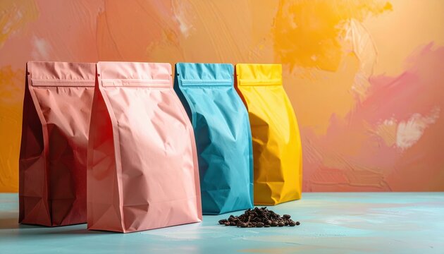 Colorful Coffee Bags on Teal Surface Against Abstract Background