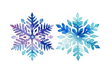 Two watercolor snowflakes,?vibrant blues and purples, intricate details,?isolated on white