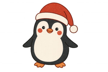 Obraz premium Christmas penguin wearing santa hat, holiday season arctic animal character, winter celebration, festive illustration