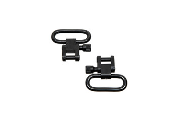 
A set of two black firearm sling swivels on a white back