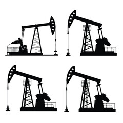 Vector illustration of oil pump silhouettes on a gas field against a sunset background