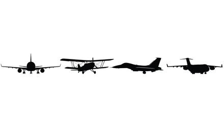 Collection of silhouetted aircraft including biplane fighter jet and commercial airliner vector