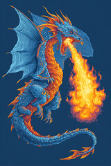 A vibrant blue dragon with orange accents breathes fire against a dark background, showcasing its power