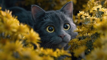 A curious grey cat with wide yellow eyes peeking out from a bush of vibrant yellow flowers.