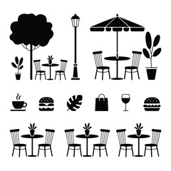 Vector icons set for restaurant and cafe, including drinks, coffee, tea, and furniture illustrations like chairs and tables