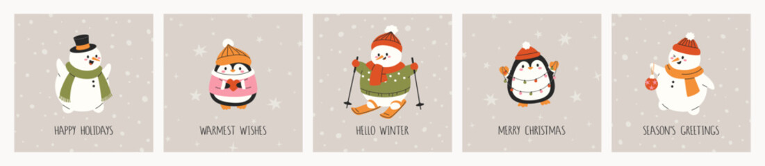 Hand drawn colorful cards set of Christmas with cute snowmen, penguins and lettering. Funny characters for holiday and winter design. Cartoon design collection for poster, prints, invitation