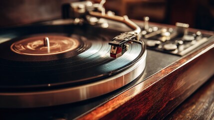 Spinning Melodies: A classic vinyl record player, in a cozy, softly lit interior, playing a timeless tune that fills the air, creating a perfect ambiance for nostalgia.