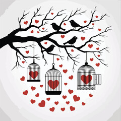 A vintage vector illustration of a Christmas tree with birds and a heart, perfect for a holiday card design
