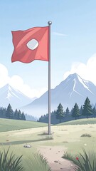 A red flag on a flagpole in a landscape