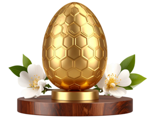 Elegant Golden Egg with Hexagonal Carvings on Wooden Pedestal with Flowers