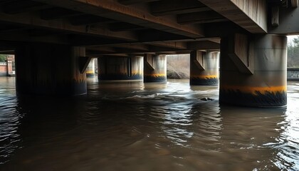 Dark, murky water flows under a weathered bridge, riverbank, image