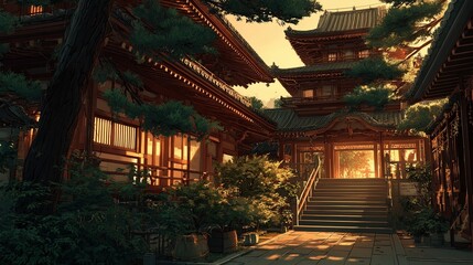 Traditional Japanese temple with wooden architecture surrounded by lush greenery and illuminated by warm sunset glow, peaceful garden with stairs leading to sacred area