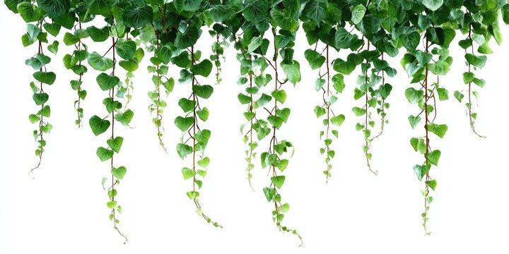 Hanging green foliage cascades downwards against a white background.  Heart-shaped leaves dangle from slender stems