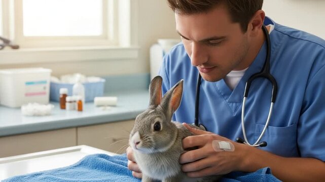 A veterinarian in scrubs examines a gray rabbit on a blue towel in a brightly lit examination room