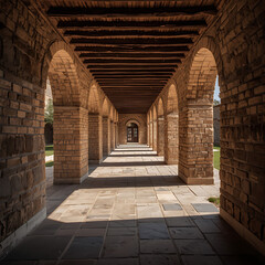 Traditional stone corridor features arched columns and wooden ceiling beams, which create long shadows on a sunlit stone floor, highlighting its architectural elements.