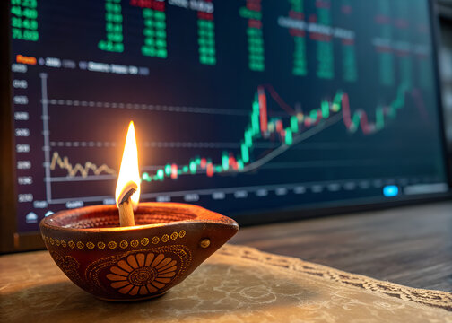 A traditional oil lamp is burning in front of a financial stock market chart - Powered by Adobe