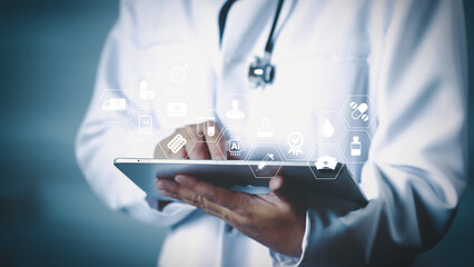 Doctor analyzing DNA strand with magnifying glass and futuristic medical icons, symbolizing genetic research, biotechnology, precision medicine, healthcare innovation, and modern medical science.