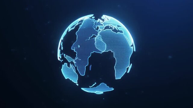 Ultra realistic 3D animation of a glowing holographic globe slowly rotating in space on a seamless midnight blue background with futuristic light effects cinematic clarity and digital depth perfect fo
