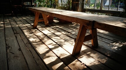 Rustic wooden bench inside a cozy greenhouse with sunlight filtering through glass windows and casting shadows on the weathered wooden floor and furniture
