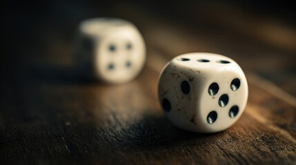 Close-Up Dice on Wooden Surface: A striking close-up shot of two classic dice resting on a rustic wooden surface, with a shallow depth of field creating a sense of suspense and anticipation.