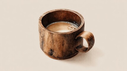 Wooden coffee cup filled with freshly brewed coffee on a light background, rustic natural wood texture, warm tones, cozy morning beverage, minimalist style with smooth surface