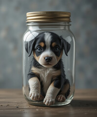 A puppy crammed into a clear glass jar.