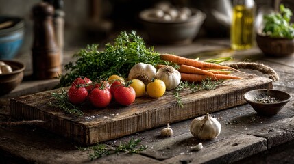 Fresh organic vegetables including heirloom tomatoes, carrots, garlic, and herbs arranged on a rustic wooden chopping board in a cozy kitchen setting