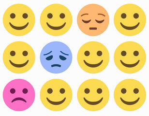 Vector pattern of yellow smiling emoji faces with standout sad, pensive, and frowning emojis in blue, orange, and pink. Concept of depression, mental health, mood swings, and individuality.