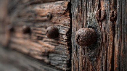 Close-up of weathered wooden surface with rusty metal nails embedded, textured rustic wood details with aged patina, natural wood grain and corroded hardware for vintage design themes