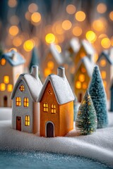 Twin cozy Christmas houses glowing in winter snow
