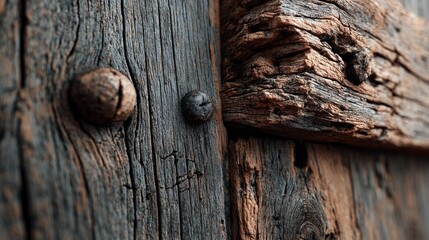 Close-up of weathered and textured wooden surface with visible grain, cracks, knots, and aged patina on old rustic wooden structure or panel