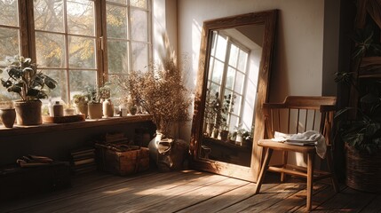 Sunlit interior corner with tall wooden-framed mirror, cozy wooden chair, potted plants, dried flowers, and sunlight streaming through large windows, creating a warm and inviting atmosphere