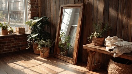 Cozy rustic interior with wooden wall decor, large vintage mirror, sunlight streaming through window, houseplants in wicker baskets, cozy blanket on wooden bench, warm natural tones