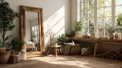 Sunlit Bohemian-style Interior with Large Windows Filled with Indoor Plants and Natural Wood Decor Creating a Cozy and Inviting Atmosphere