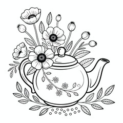 A charming vintage ceramic teapot and teacup sit on a saucer next to vibrant flowers, ready for a hot breakfast beverage