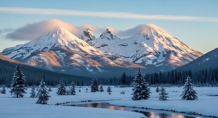 Snowy Peaks of the Three Sisters Mountains at Sunrise.