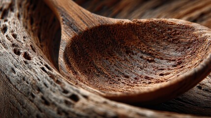 Close-up of a rustic, weathered wooden spoon with detailed grain texture and rich warm brown tones, showcasing craftsmanship and natural materials for culinary and rustic lifestyle themes