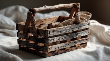 Rustic wooden basket with weathered texture and a burlap cloth resting inside, placed on soft white fabric background for vintage, farmhouse, or rustic decor themes