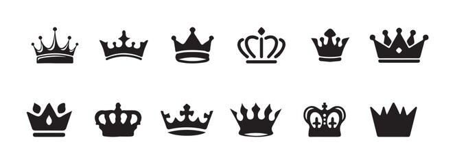 Crown set icons, collection different crown sign, royal luxury symbols, set of black crown icons, crown Silhouette Icon Set for King and Queen, vector illustration EPS 10.
