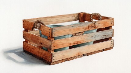 Wooden crate with two ceramic bowls and natural twine handles on a white background, rustic kitchen or farmhouse decor, artisanal cooking accessories, vintage style, organic homeware