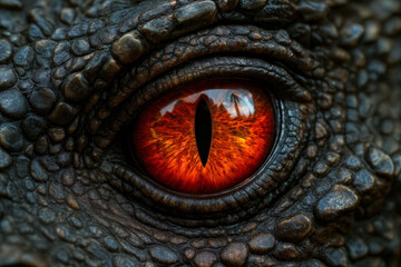 Naklejka premium Molten Amber Dragon Eye Macro, Razor Slit Pupil amid Armored Scales, Intense Fantasy Creature Gaze
