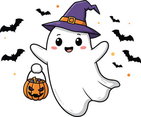 Halloween, ghost, witch, hat, pumpkin, candy, spooky, festive, cartoon, cute, purple, orange, bats, smiling, holiday, decoration, playful, character, fun, illustration, design