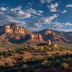 Naklejka premium Desert landscape with mountains and a village. Red rock formations, lush greenery and a vibrant sky