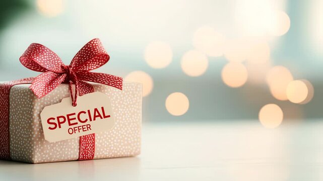 Beautiful red gift with a Special Offer tag against a soft bokeh background. Banner for promoting promotions, discounts and holiday deals. Copy space for text.