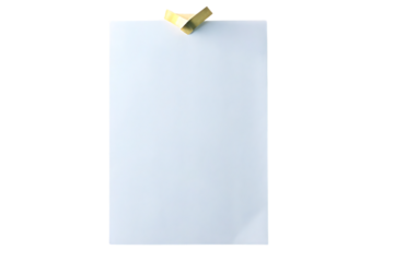 Light blue paper sheet secured with single piece of yellow tape, isolated on a transparent background