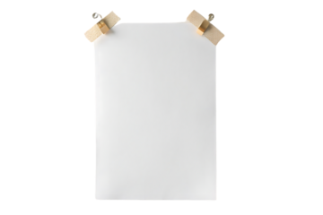 White blank paper sheet held by two decorative washi tape strips in beige color, isolated on a transparent background