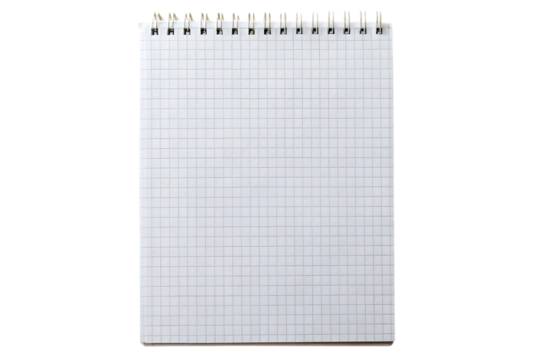 Grid paper notepad with spiral binding showing mathematical graph paper pattern, isolated on a transparent background - Powered by Adobe